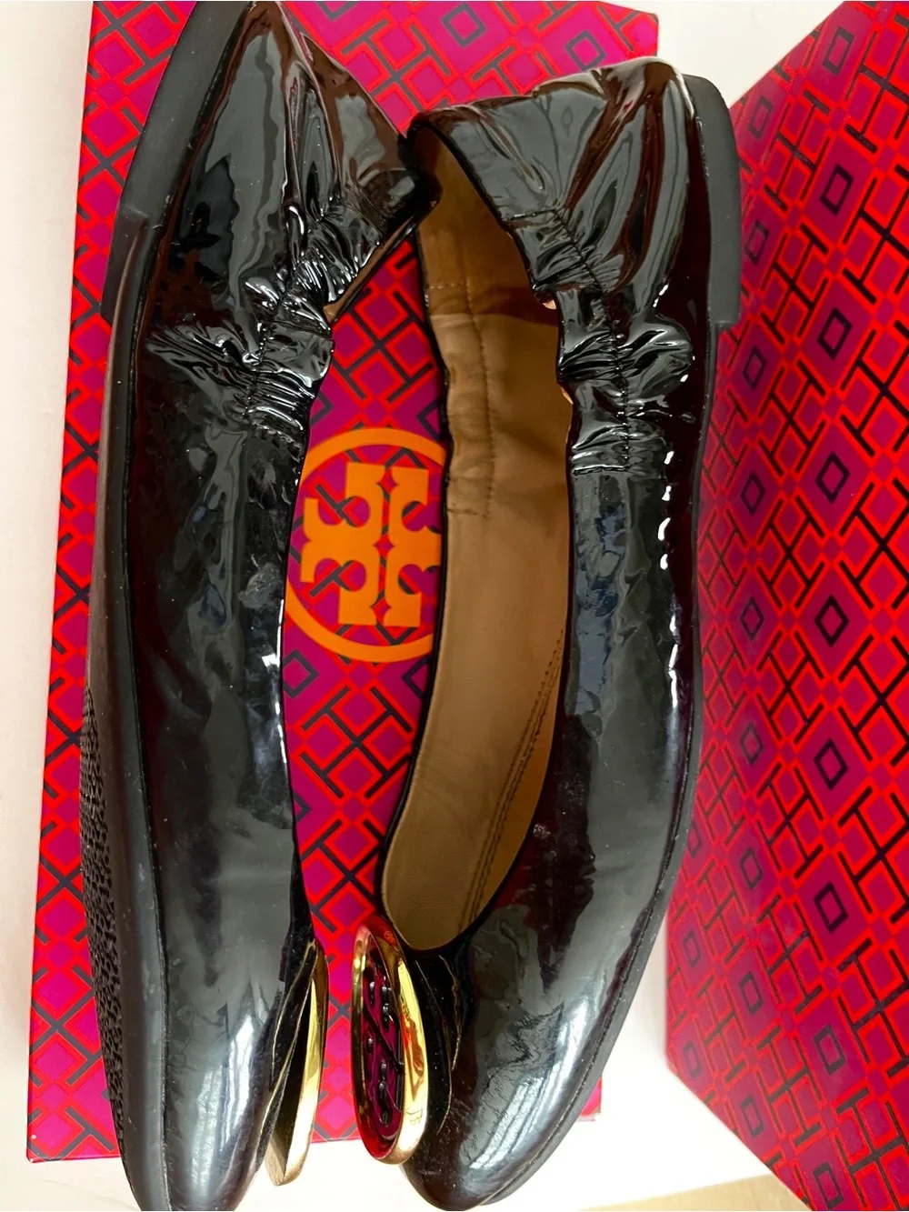 NICE Tory Burch Black Patent Leather Logo Ballet Flats Twiggie soft Womens Sz 8
